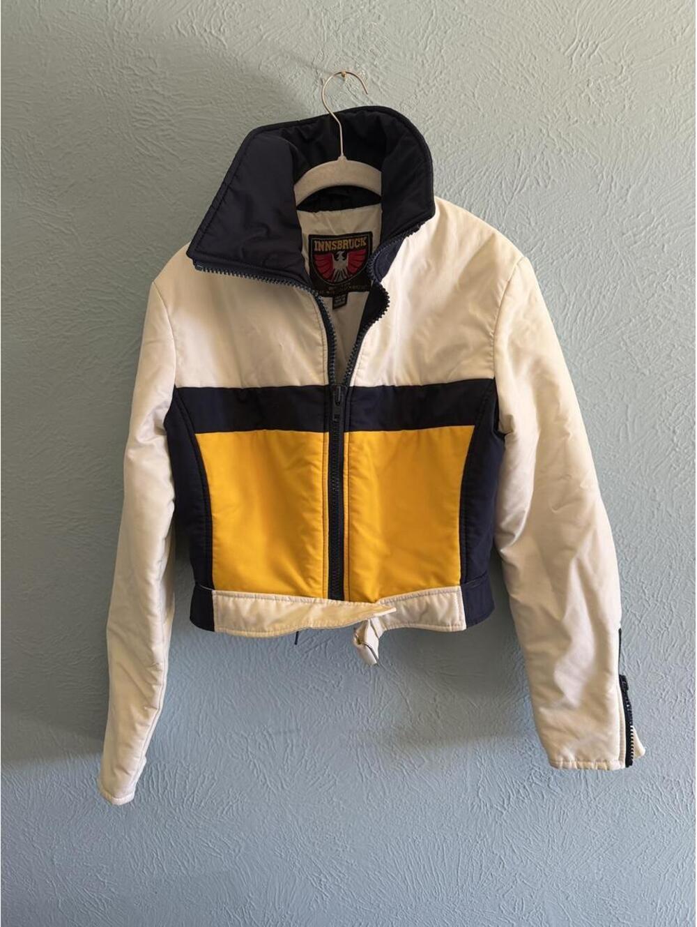 Vintage Women’s Innsbruck white, navy blue, and yellow color-blocked jacket